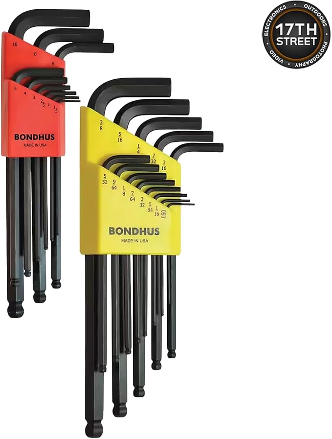 Bondhus 20599 & 20199 Ball End Hex Key L-Wrench Set Bundle, 44-Piece Kit | Includes Bondhus 20599 & 20199 Ball End Hex Key L-Wrench Sets, 44 SAE/metric hex keys, storage holders, and cleaning cloth