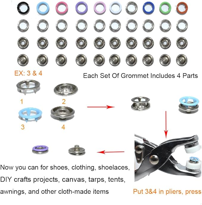 200Pcs Snap Fastener Tool Diameter 9.5mm Metal Eyelets Shoes Clothes Crafts with Heavy-Duty Eyelet Grommet Pliers