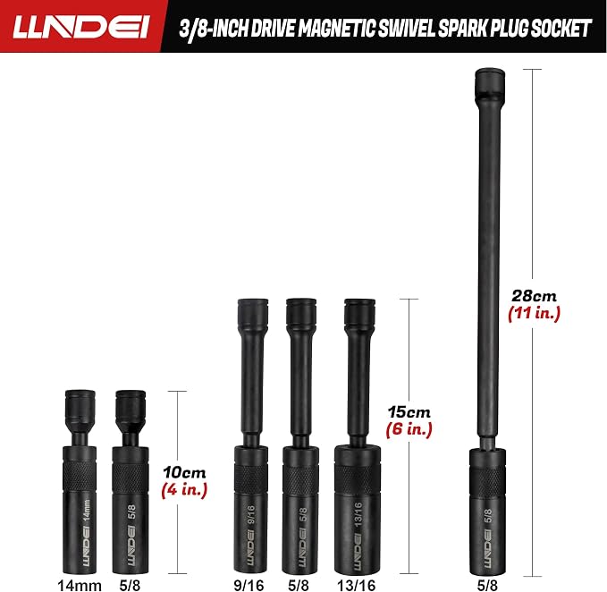 LLNDEI 3/8-Inch Drive Magnetic Swivel Spark Plug Socket Set 12Pcs | 14MM 4-inch, 5/8-inch, 9/16-inch 6-inch,3/16-inch 11-inch, multiple common sizes match most spark plugs