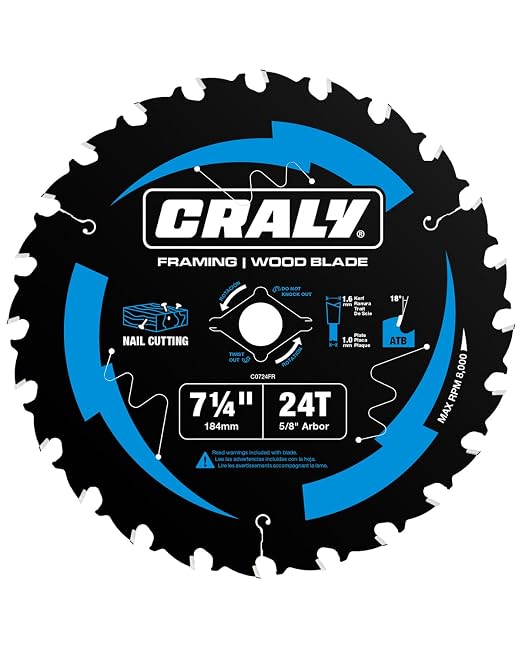 CRALY 7-1/4 Inch 24 Teeth Wood Cutting Framing Circular Saw Blade, 5/8 Inch Arbor, Carbide Tipped, Thin Kerf, Black Ice™, for Plywood, MDF, OSB, Laminated(C0724FR)
