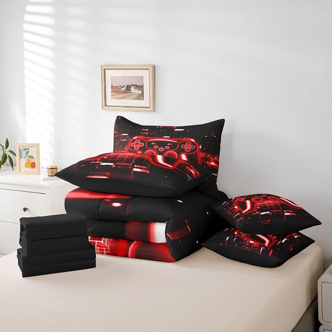 Erosebridal Gamer 7-Piece Comforter Set Full Bed in a Bag, Gaming Bedding Sets Neon Lights Game Boy Games Comforter and Sheet Set, Red Brick Cube Room Decor,Gaming Room Decor
