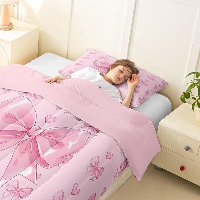 Feelyou Cute Pink Bowknot Comforter Set Twin Size Love Hearts Bow Bedding Set for Kids Boys Girls Princess Bow Duvet Quilt Bedroom Decor Microfiber 2 Pcs with 1 Pillow Cases