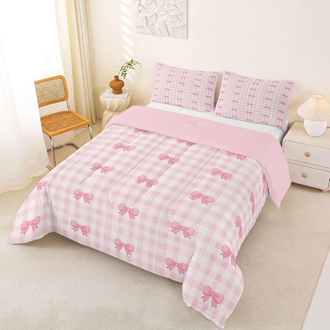Feelyou Pink Bow Checkered Comforter Set Queen Size Chic Grid Bowknot Bedding Set for Kids Boys Girls Princess Duvet Quilt Bedroom Decor Microfiber 3 Pcs with 2 Pillow Cases