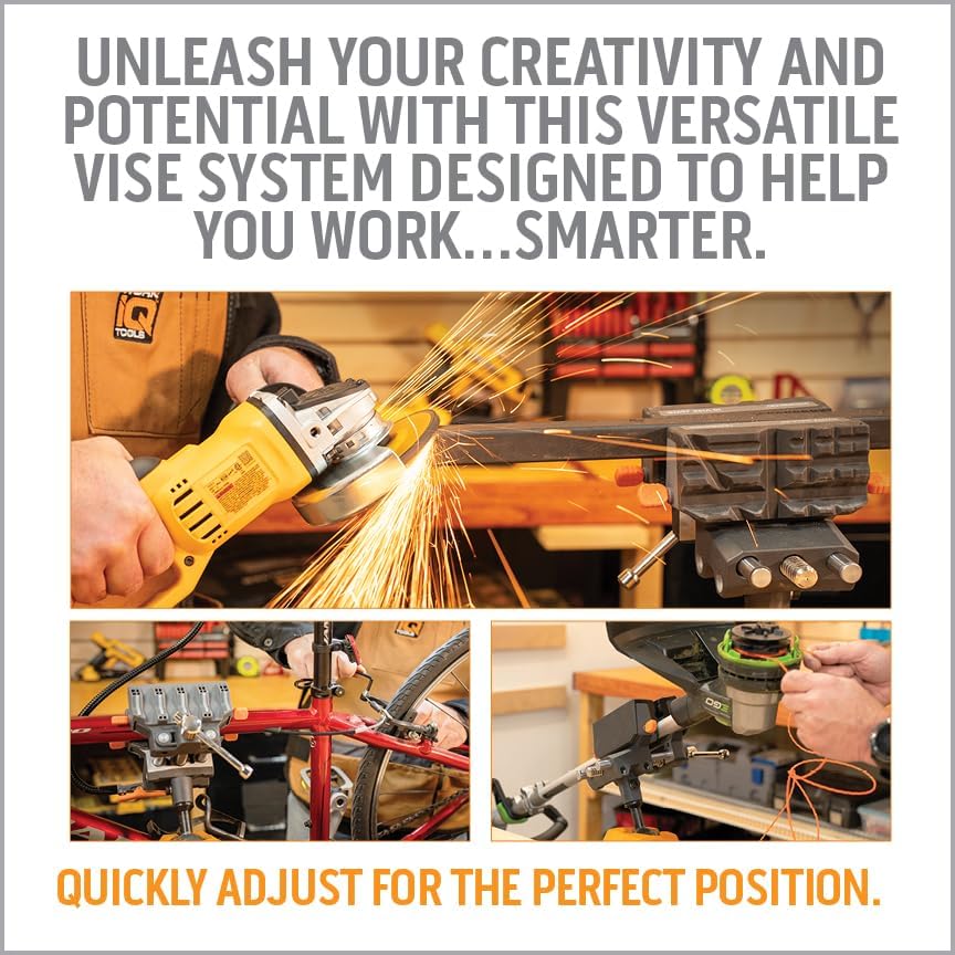 Work IQ Tools IQ Vise & IQ Connect | 360° Articulating Bench Vise & Hands-Free Accessory System with 3 Bench Mounts | Includes Vise Jaws, Magnifying Glass, Rechargeable Work Light & Cell Phone Holder