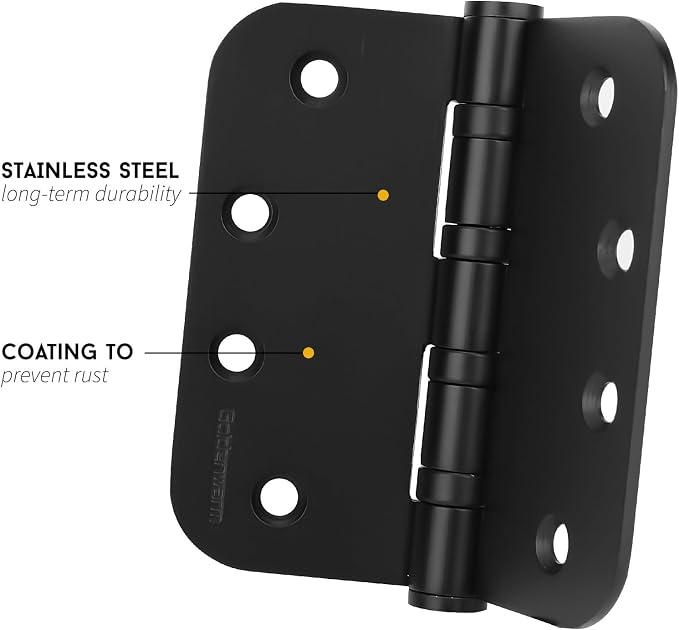 goldenwarm 6 Pack 4'' Black Ball Bearing Door Hinges – Heavy Duty Stainless Steel Hinges for Interior & Exterior Doors, 5/8'' Radius Corners