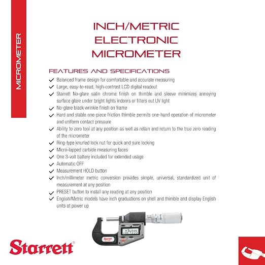 Starrett Inch/Metric Electronic Micrometer Without Output - One-Piece Friction Thimble, Automatic Off, 0-1 Inch Range, .00005 Inch Resolution, LCD Display - 3732.1XFL-1
