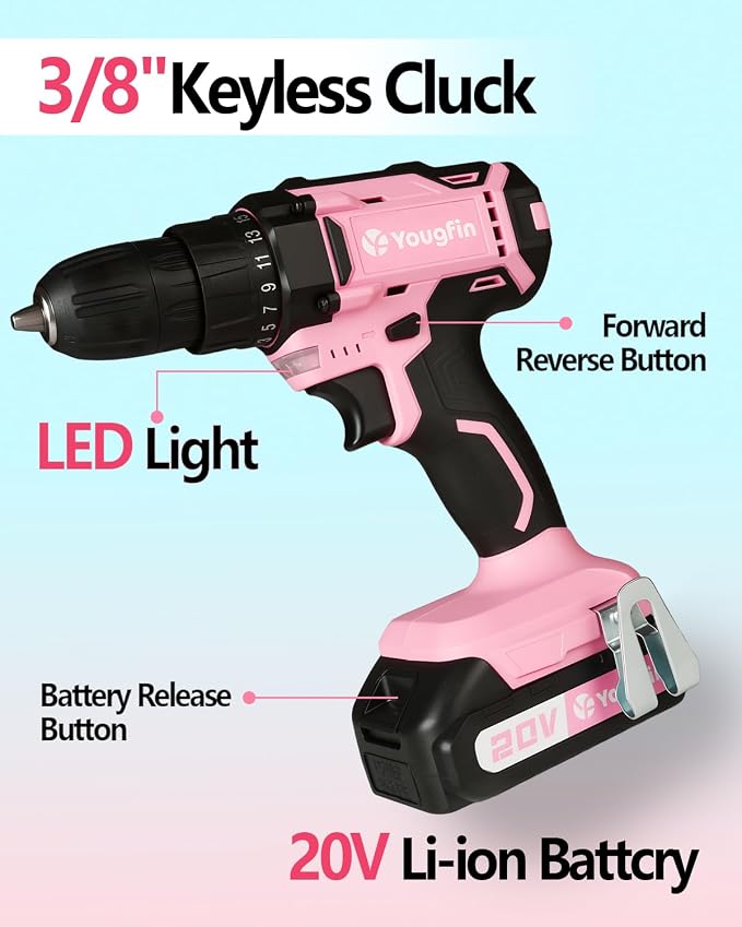 Cordless Drill Driver Set 20V Power with Battery Charger and Carrying Case, 25+1 Torque Electric Drill, Variable Speed, 266 In-lb, 3/8'' Keyless Chuck, 34pcs Driver Bit, for Women, Pink
