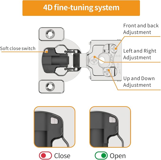 Chibery 4 Pack 1/4" Small Overlay 4D Concealed Hinges for Face Frame Door, Soft Close On/Off Switch, Self Closing, 105° Open Angle Concealed Stainless Steel Hinges for Framed Cabinet, Satin Nickel