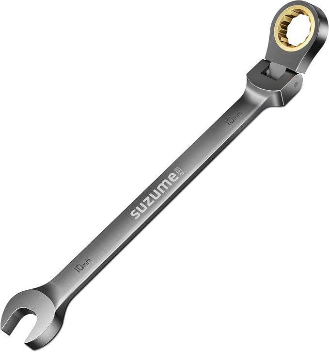 SUZUME 10mm Flex Head Ratcheting Wrench Metric 72 Teeth Cr-V Steel 15K+ Cycle Locked Gears with 180° Flexible Head Black Nickel Coating