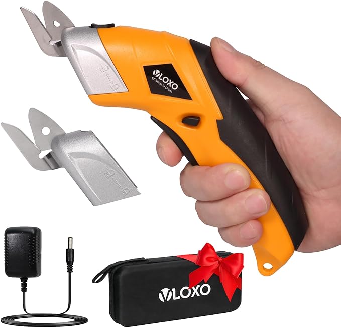 VLOXO Electric Scissors, Cordless Cardboard Cutter Power Fabric Scissors Mini Box Cutter with Blades Rechargeable Multi-Tool for Crafts Leather Cardboard Carpet Plastic Include Case Yellow CS4001