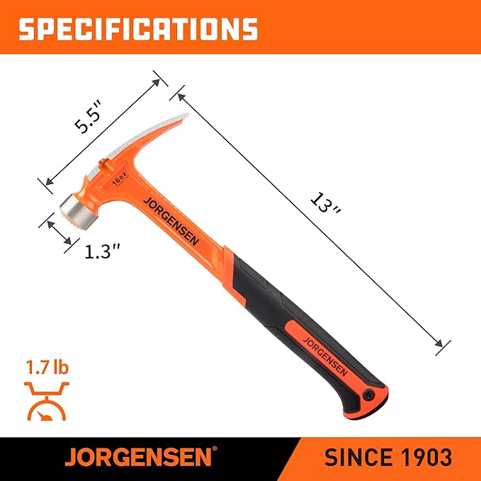 Jorgensen 16 oz Straight Claw Hammer, Rip Claw Hammer with Milled Face & Shock Absorbing Grip, Heavy Duty One-piece Forged Hammer