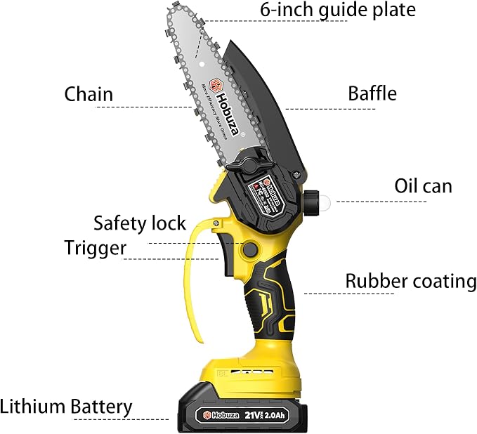 HOBUZA 6 Inch Brushless Mini Chainsaw, Lightweight One-Hand Saw for Pruning | 880W Brushless, Lightweight 1-Handed & Women-Friendly, 2x2.0Ah Batteries 4-6H Runtime, Auto Oiler, Safety Lock for Tree Work