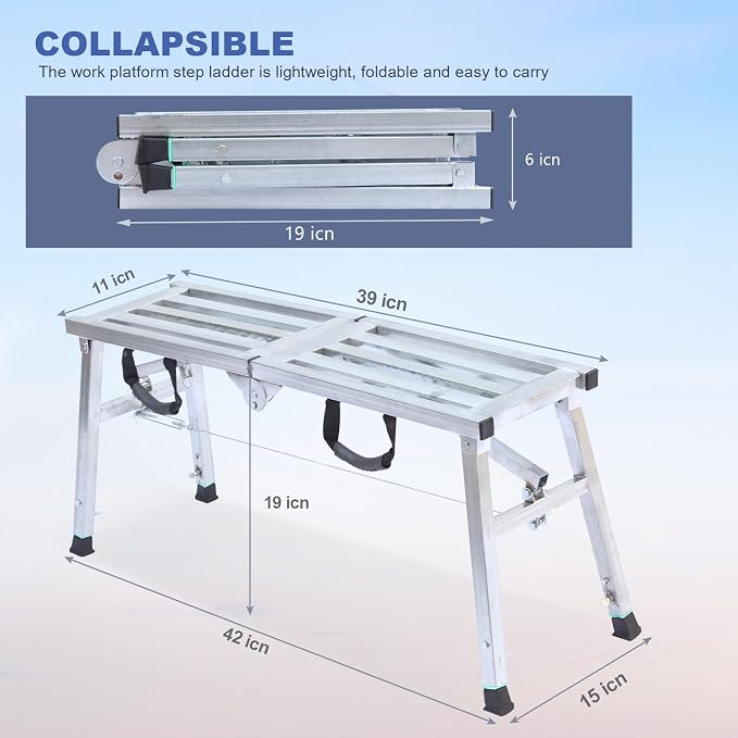Adjustable Work Platform with 400 lb Duty Rating, Steel Step Ladder, Portable Folding Scaffolding Platform for RV Cleaning High Painting Walls, Drywall, Decorating (100 CM)