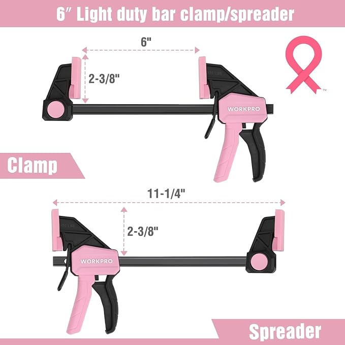 WORKPRO Mini Bar Clamps for Woodworking, 6"(2) and 4-1/2"(2), 4-Piece One-Handed Clamp/Spreader, Light-Duty Quick-Change F Clamp with 150lbs Load Limit - Pink Ribbon
