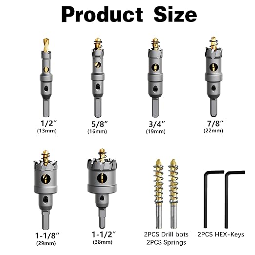 8 PCS (1/2" to 1-1/2") Carbide Hole Saw Kit for Metal - Heavy Duty TCT Hole Cutter Drill Bits Set with Titanium Pilot & L-Wrench, for Stainless Steel,Iron,Aluminum, Metal