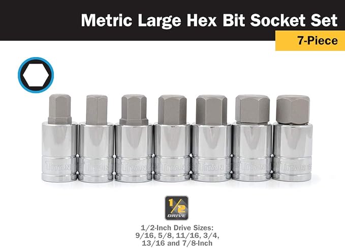 Titan 16131 7-Piece 1/2-Inch Drive Metric Hex Bit Socket Set