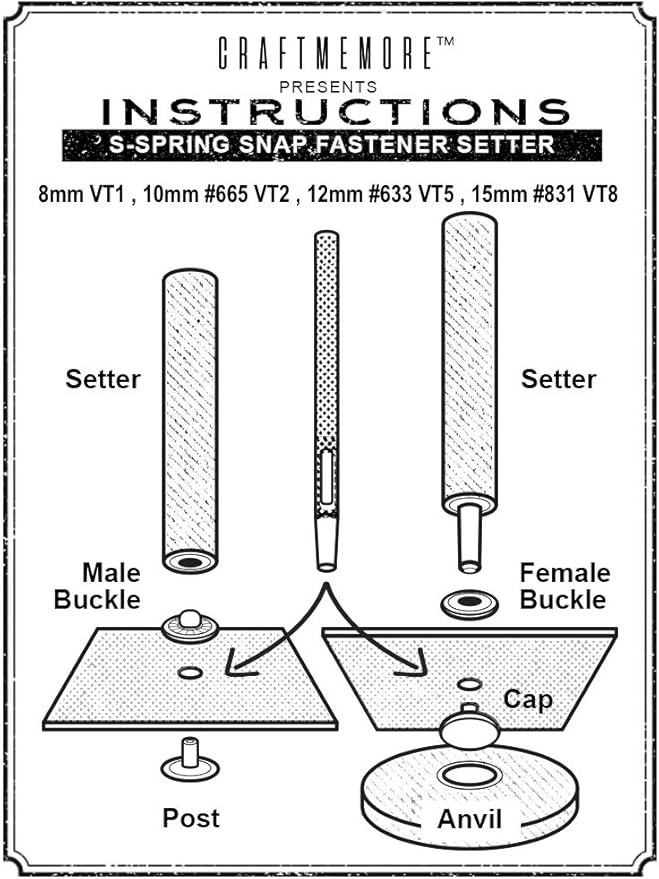 CRAFTMEMORE Snap Setter Fastener Kit Button Fixing Tool S-Spring Socket Popper Setting Tool with 10 Silver Snaps #665 VT2 (10mm (0.39"))