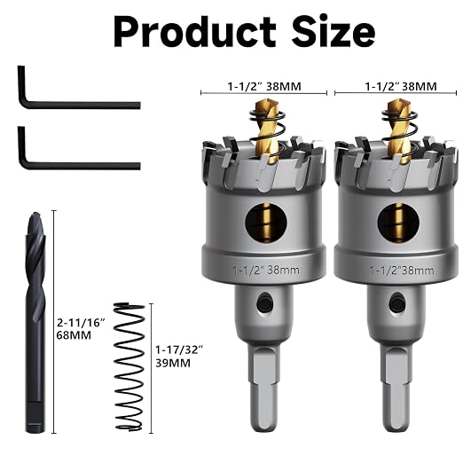 Metal Hole Saw 1-1/2''(38mm) 2Pcs Set Heavy Duty Tungsten Carbide Tipped Hole Cutters Set with a nitrided Step Drill and L-flench, for Steel Iron,Aluminum,Stainless stell