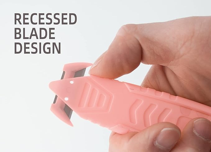 T TOVIA Safety Box Cutter Knife of Recessed Concealed Stainless Steel Blade, Package Opener Plastic Cutter for Box, Carton, Shrink Wrap, Plastic Straps, 10pcs Pink