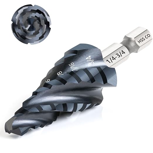 Matework M35 Cobalt Step Drill Bit, Four Spiral Flute Unibit Step Drill Bit (1/4"-3/4") Wear-Resistant TiAlN Coated, 1/4" Hex Shank for Metal, Carbon Steel, Stainless Steel, Wood, Plastic (9 Size)