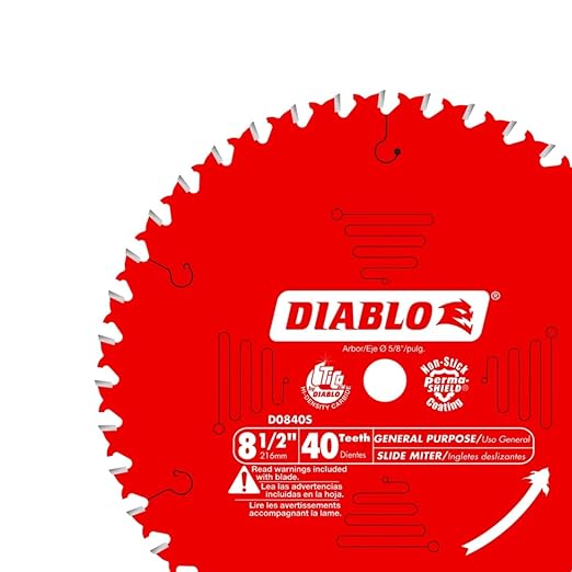 Diablo General Purpose Saw Blade for Wood - 8-1/2" Diameter, 40 ATB Teeth, 5/8" Arbor, .094" Kerf, 15° Hook Angle, .063" Plate, 9000 Max RPM - D0840S