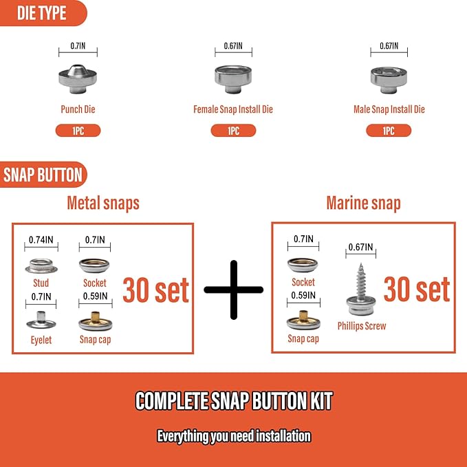 Coowolf Heavy Duty Snap Button Kit, Snap Fasteners Tool with 60 Set Installation or Repair Metal Snaps