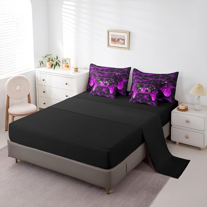Game Consoles 7 Piece Comforter Set Full Bed in a Bag,Neon Geometric Bedding Set,3D Geometric Gamer Comforter and Sheet Set Purple Flame Bed Set,Gaming Decor for Boys Bedroom Gamer Gifts