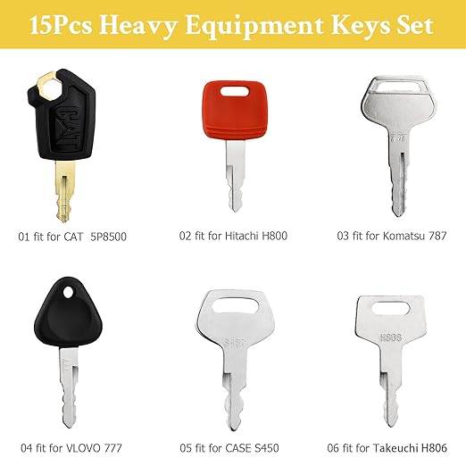 15PCS Heavy Equipment Keys Master Set, Construction Keys for Cat Caterpillar 5P8500 John Deere AT195302 Komatsu 787 Volvo 777 Bobcat D250 JCB 14603 Case S450 Hitachi H800 Hyster 166 Takeuchi H806