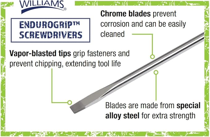 Williams 8-Piece Endurogrip Multi-Size Screwdriver Set, Keystone Slots Hex Bolster & Phillips, Comfort Grip Prevents Slippage, Extra Strength Steel Chrome Blades