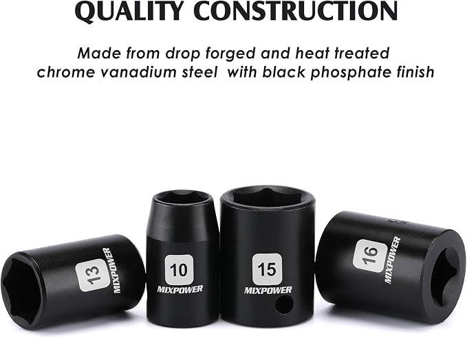MIXPOWER 13 Pieces 3/8-Inch Drive Shallow Impact Socket Set, 7mm to 19mm, CR-V, Metric, 6 Point, Shallow, 13 Pieces 3/8" Dr. Socket
