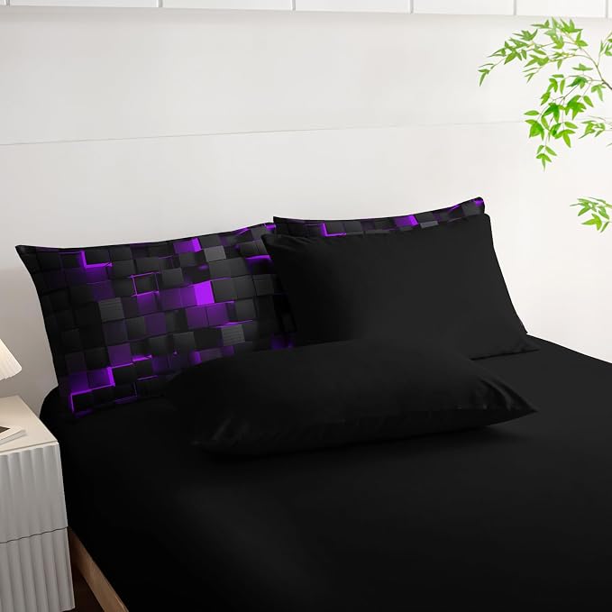 Nttopship Geometric Violet Black Twin Comforter Set,Light Honeycomb Bedding Set 7 Piece in A Bag,Bed Sheet Set Geometry Decor,Microfiber Lightweight All Season