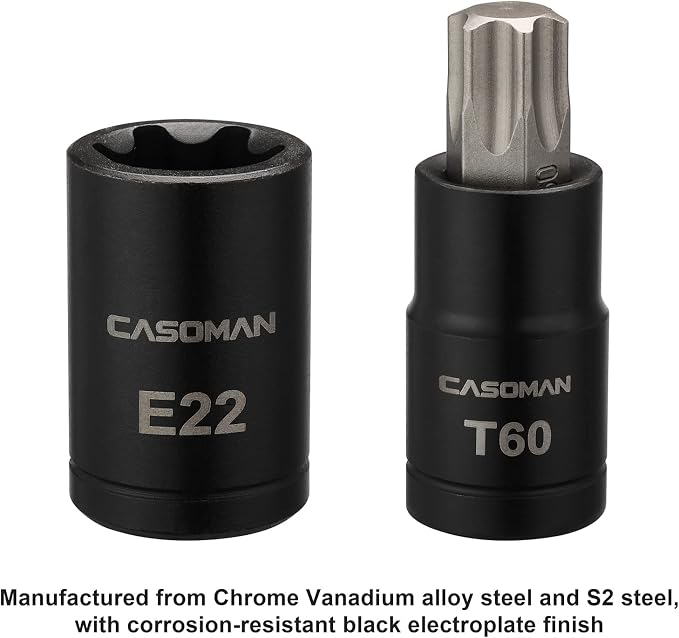 CASOMAN 25 Piece Torx Bit Socket and External Socket Set, 13 Star Socket Bits (T8- T60)& 12 Female E-Torx Sockets (E4-E22)