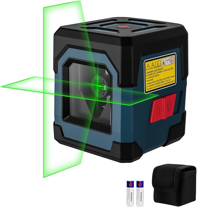 Laser Level, RockSeed Cross Line Laser with Self-Leveling, Vertical and Horizontal Line, Rotatable 360 Degree, Carrying Pouch, Battery Included (Green Laser, 2-Line)