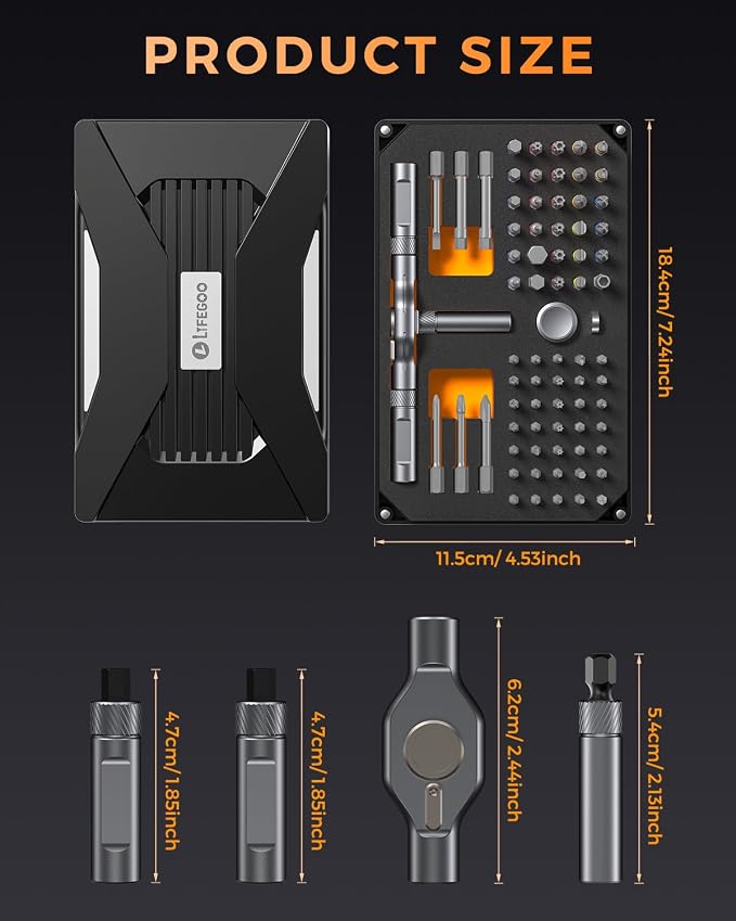LIFEGOO Ratchet Screwdriver Set: 74 in 1 Magnetic Screwdriver Sets | Detachable T Handle,S2 Magnetic Steel Bits Tool Kit for Furniture Precision Electronics, Bicycle, DIY, Computer, Gift for Man