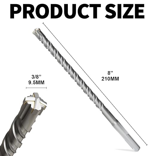 SDS Plus Rotary Hammer Drill Bits, (3/8"*8"-9.5mm*210mm) - 4 Carbide Cutting Edges, Ideal for Masonry| Heavy-Duty Masonry |Hammer Drill Bits for Precision Drilling