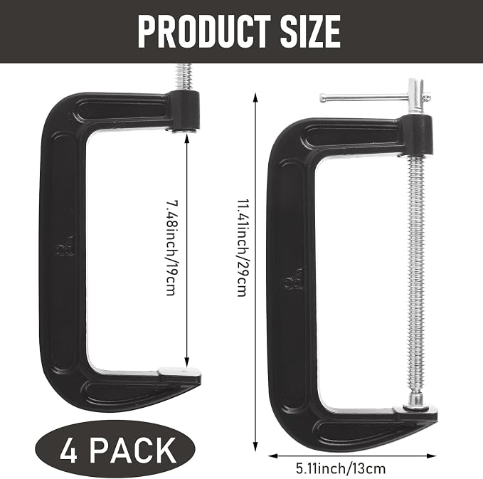 4 Pack C Clamp 8 Inch Heavy Duty Steel C Clamps Set, Cast Iron Frame Wood Working Clamps Industrial Strength C Clamp for Woodworking, Welding, Building, Automotive, DIY Carpentry