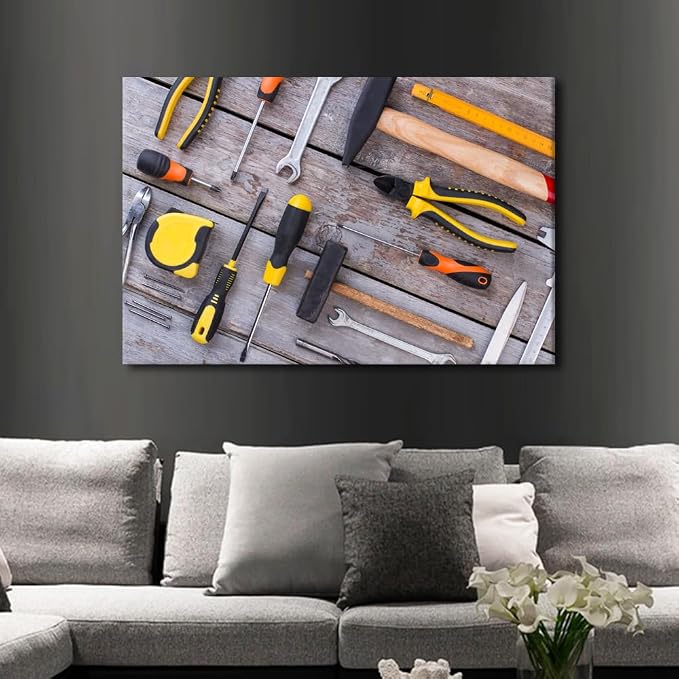 Large Wall Art for Living Room Wrench Tape Measure Tape Glove Picture Various Tools for Working in the Workshop Poster Canvas Supermarket Hotel Tool Room Hardware Store Wall Decor 1pcs (24"Wx36"H)