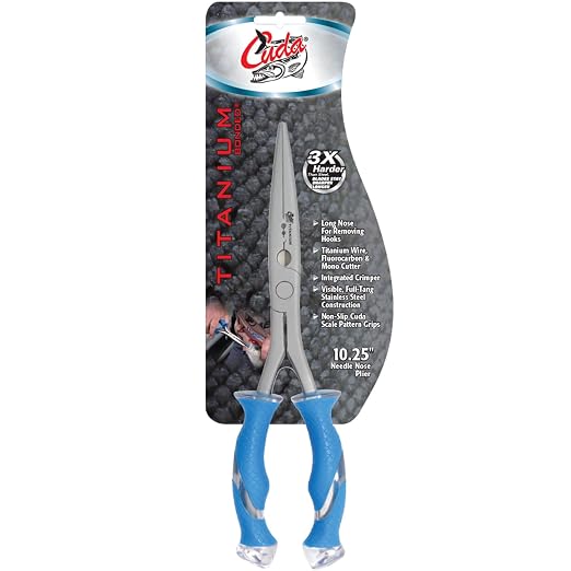 CUDA 10.25" Titanium Bonded Stainless Steel Freshwater Long Needle Nose Pliers #18113 Durable Fishing Hooks Remover, Ring Splitter with Crimper & Mono & Fluorocarbon Cutter