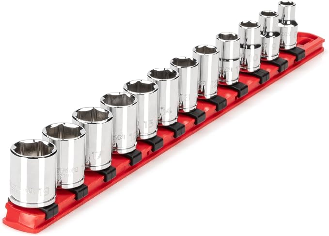 TEKTON 3/8 Inch Drive 6-Point Socket Set, 12-Piece | SHD91102 | (8 - 19 mm), Shallow, Socket Rail