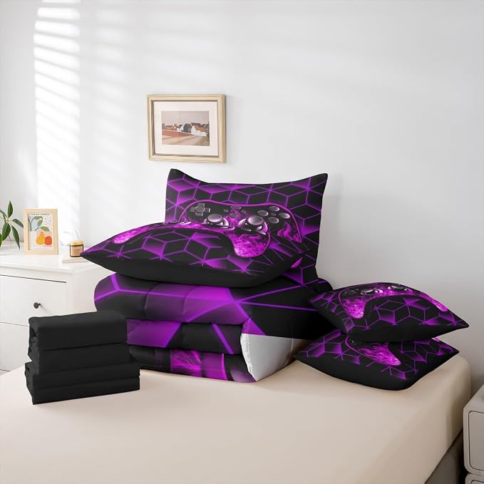 Gaming Consoles Bed in a Bag Queen Comforter Set 7 Piece,Neon Geometric Video Game Gaming Bedding Set,3D Geometric Gamer Sheet Set Purple Flame Bed Set,Gamer Room Decor for Boys Bedroom