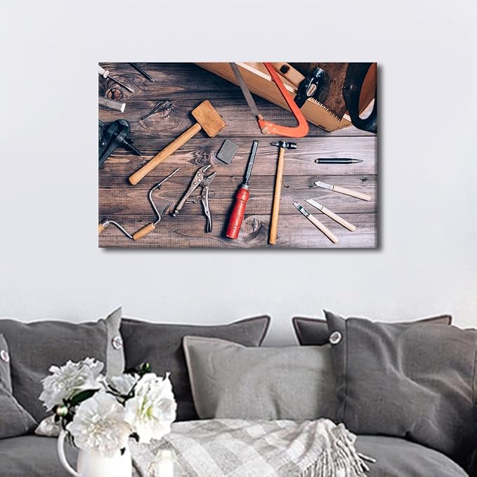 TUMOVO Wall Art for Office Wall Art Instruments on Wooden Table Background 1 Panels Picture Canvas Print Artwork Home Study Repair Shop Wall Decor Modern Poster ((16" Wx24 H)