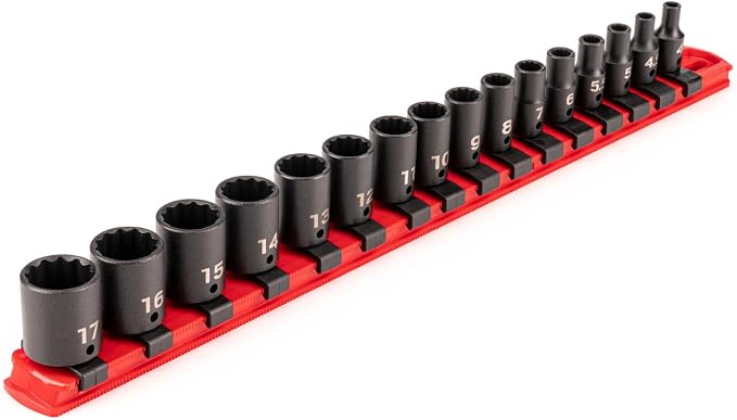 TEKTON 1/4 Inch Drive Impact Socket Set, 16-Piece | SID90106 | (4 - 17 mm), Shallow, 12-Point, Socket Rail