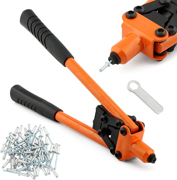 HONUTIGE Rivet Gun Kit, Professional Hand Riveter Heavy Duty Metal Rivet Gun Tool Manual Rivet Tool One-Handed Rivet Gun with 50 Rivets for DIY/Automotive Repairs/Furniture