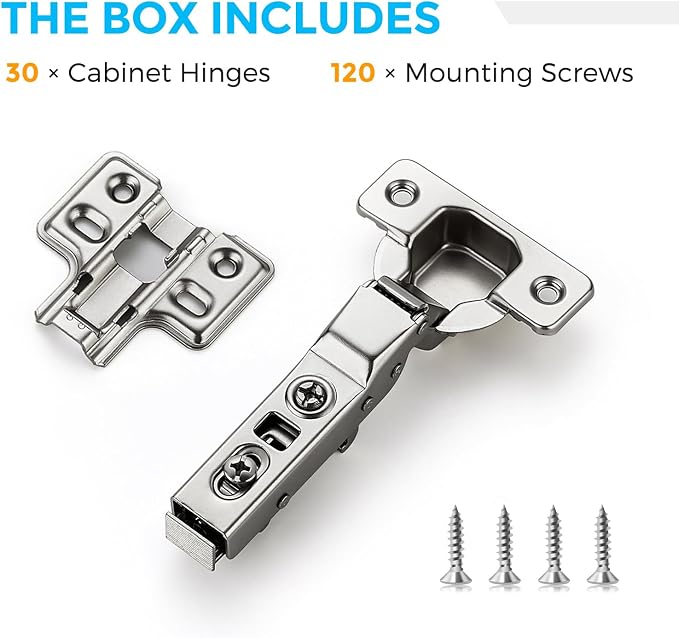 HOME EDIT 15 Pairs 30 Pack European Half Overlay Soft Close Cabinet Hinges Concealed Kitchen Cabinet Hinges Heavy-Duty Frameless Adjustable for Cupboard Hardware