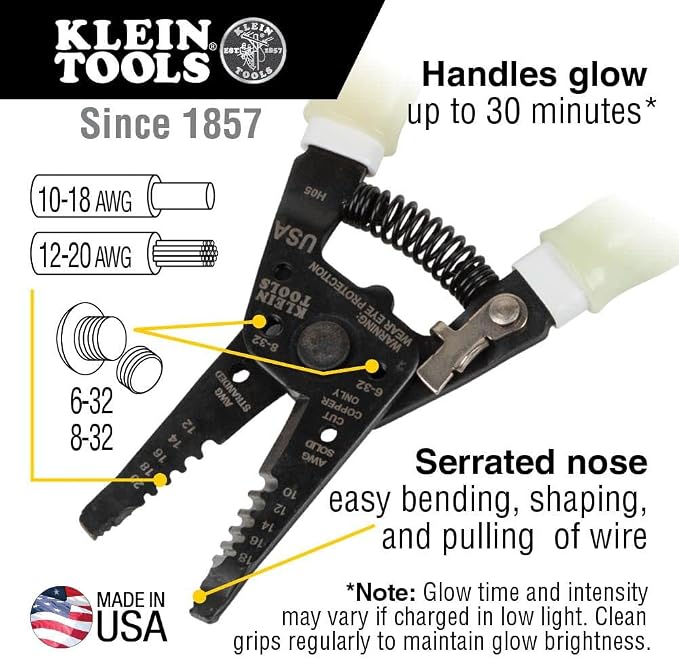 Klein Tools D20009NEGLW Side Cutters - Lineman's Pliers Set, 8-Inch with Klein-Kurve Stripper/Cutter & Long Nose Pliers, Hi-Viz Glow in the Dark