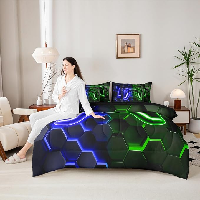 Erosebridal Gamer Comforter Set 7 Piece Bed in a Bag Twin, Neon Honeycomb Gaming Bedding Sets Video Game Console Comforter and Sheet Set, Blue Green Hexagon Lights Room Decor,Kids Room Decor
