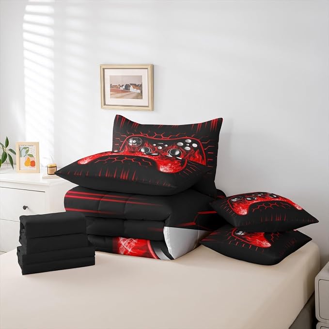 Erosebridal Boys Gaming Bed in a Bag King Size Comforter Set 7 Pieces Ombre Art Honeycomb Bedding Set Red Neon Lights Sheet Set Game Console Bed Set Geometric Hexagon Beehive Gamer Room Decor