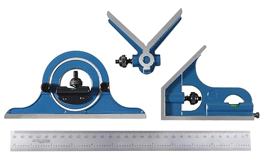 Accusize Industrial Tools Combination Square Set, 12''/300mm, 4 Pcs/Set, 0000-8108 | 4 Pc Set, E/M Graduation: 32nds, 64ths, 0.5mm, 1mm, Satin Chrome Blade