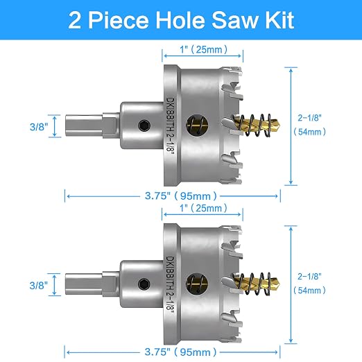 DKIBBITH TCT Hole Saw Set, 2-Pack 2-1/8" (54mm) Heavy Duty Tungsten Carbide Tipped Hole Cutters for Stainless Steel, Copper, Iron, Brass, Plastic with Titanium-Plated Pilot Drill Bits