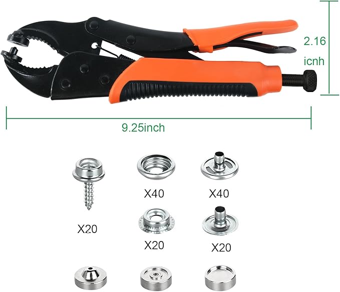 Heavy Duty Snap Fastener Tool Kit with 20 Sets Buttons, JYEASTZ Adjustable Buckle Pliers, Suitable for Repairing or Replacing Sailboat Cloth, Denim Clothing, Leather, Sun Visors, etc (Orange)